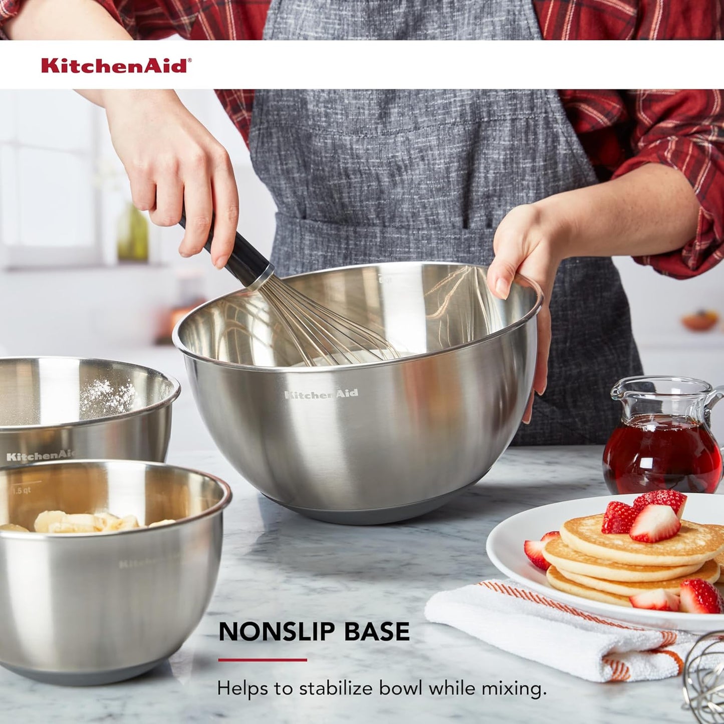 KitchenAid Universal Nesting Plastic Mixing Bowls, Set Of 3, 2.5 quart, 3.5 quart, 4.5 quart, Non Slip Base with Easy Pour Spout to Reduce Mess, Dishwasher Safe, Aqua Sky, White, Gray
