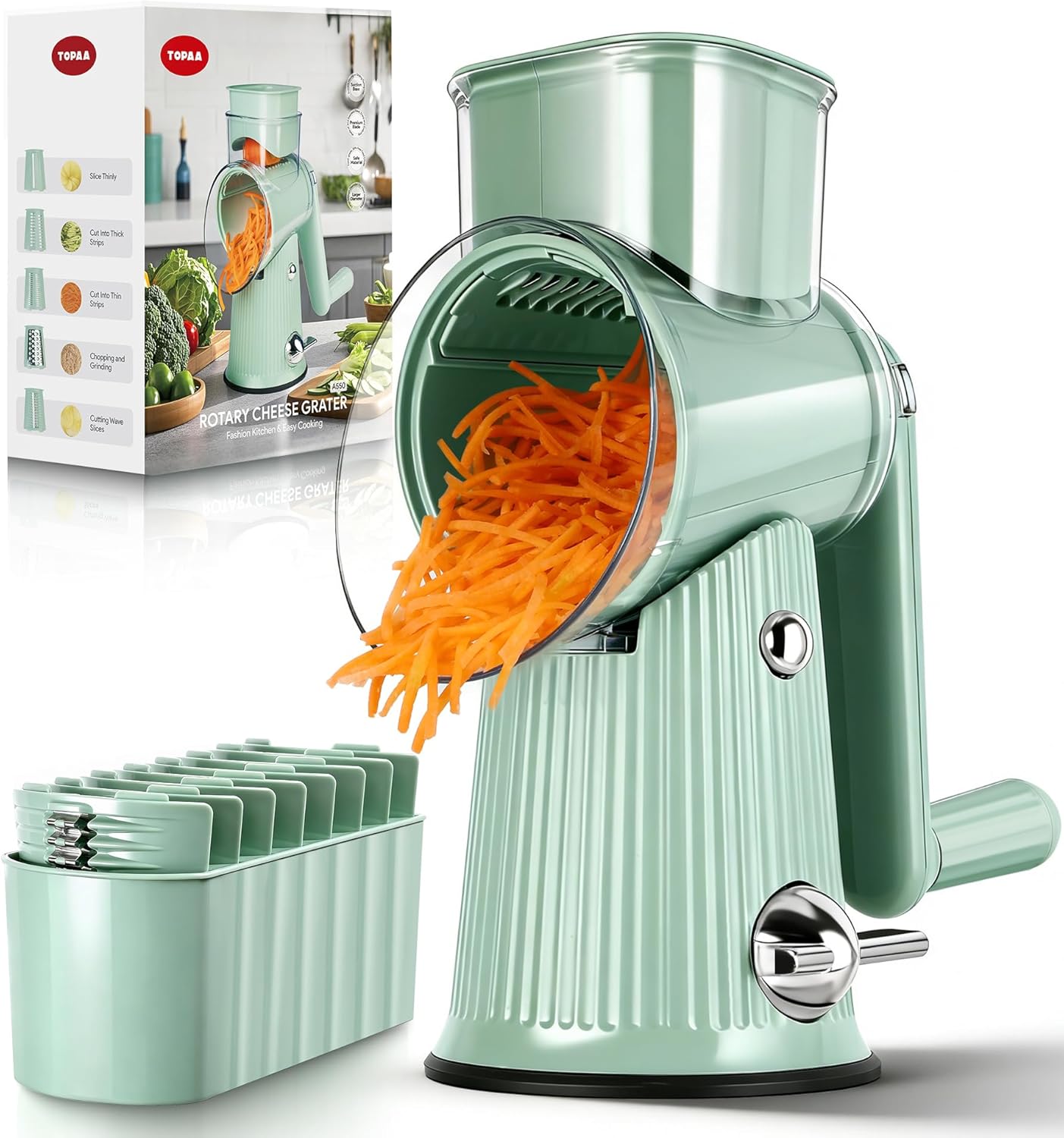 Rotary Cheese Grater with Handle - Vegetable Shredder with 5 Blades & Strong Suction Base, Round Slicer & Food Chopper for Kitchen (White)