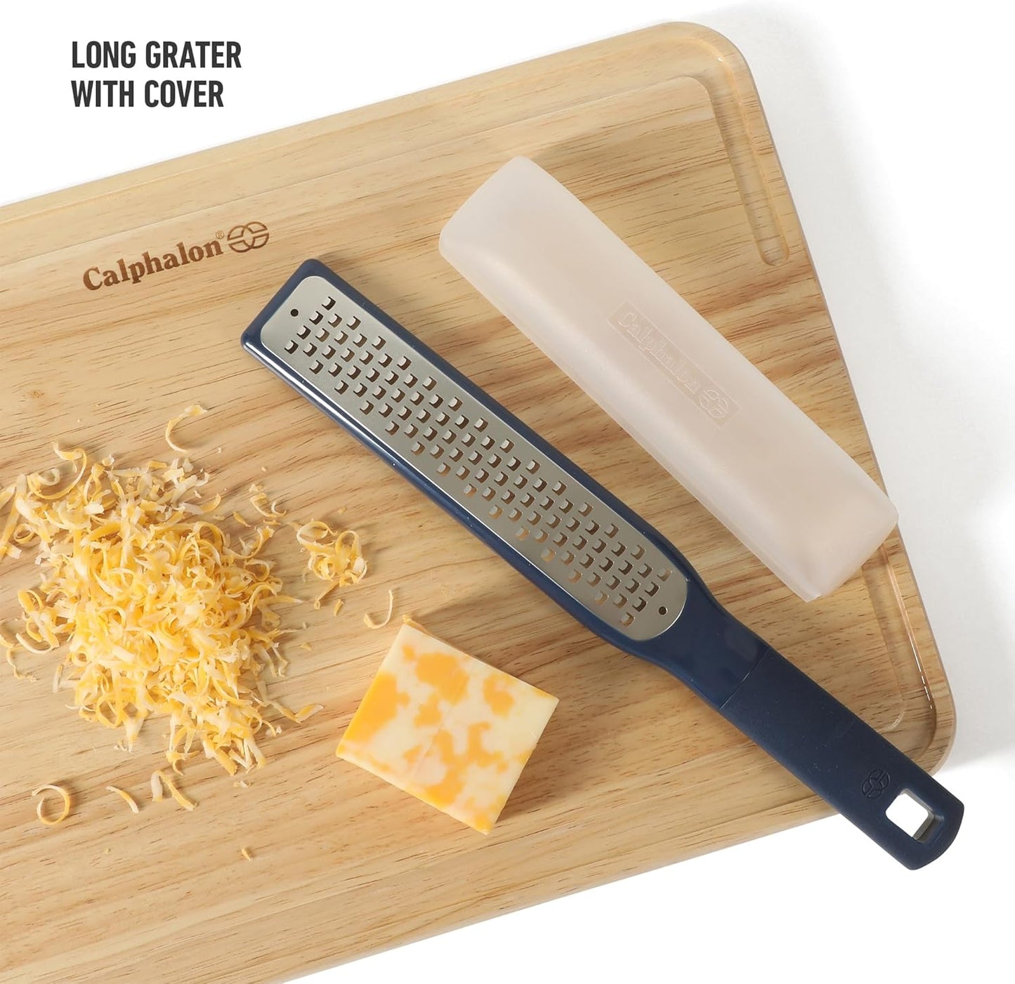 Calphalon Prime Stainless Steel Handheld Grater Lemon Zester W/Cover & Rubber Handle - Navy Blue