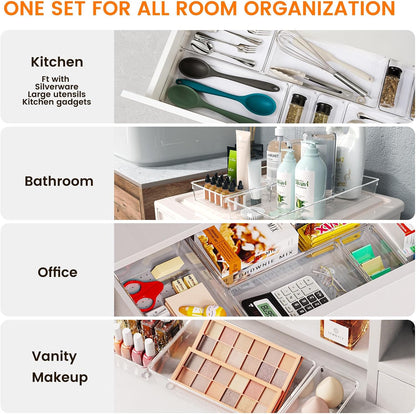 Criusia Large Drawer Organizer Bins 26 Pack | Complete 5 Size Clear Plastic Kitchen Drawer Organizers for Utensils | Bathroom Drawer Organizer Trays | Versatile for Makeup Office Organization