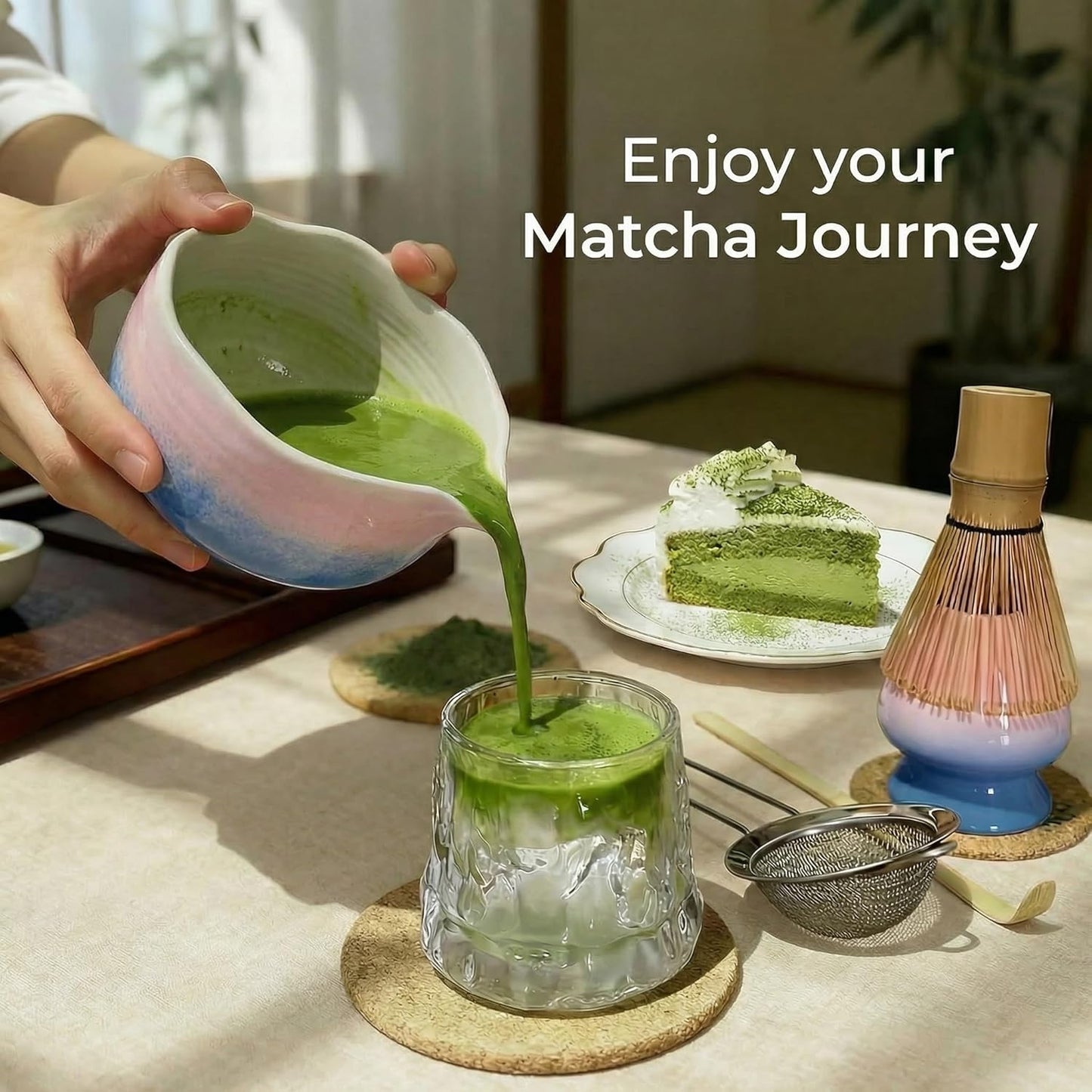 Matcha Whisk Set ,7 Pcs Matcha Set, Matcha Kit for Ceremony, Tradition Tea Set for Making Breakfast/Latte, with 20 OZ Bowl(Chawan)/Whisk and Holder, Valentine's Day Gift for Family/Friend Tea Lovers