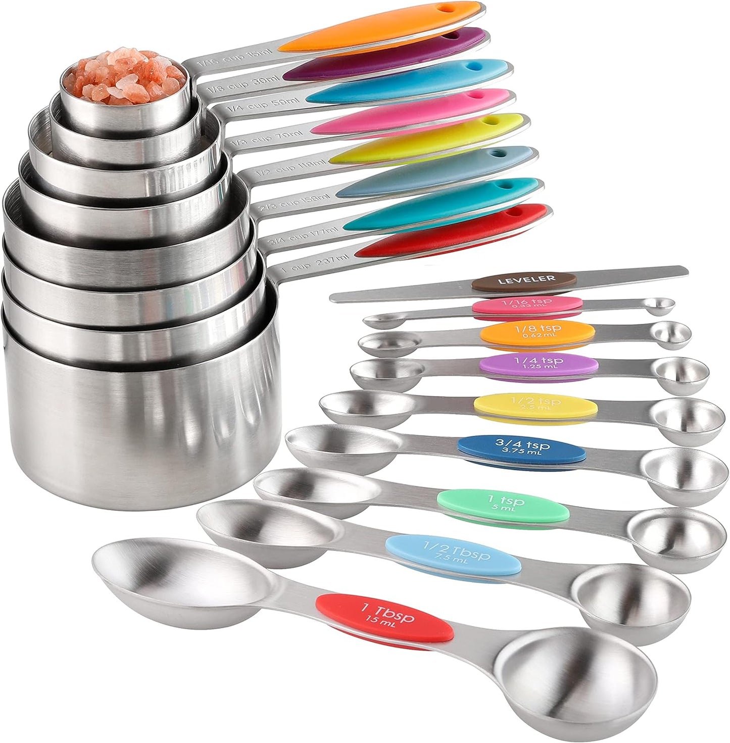 Measuring Cups and Spoons Set Stainless Steel Includes 8 Heavy Duty Measuring Cups 8 Double Sided Magnetic Measuring Spoons and 1 Leveler for Dry and Liquid Ingredients