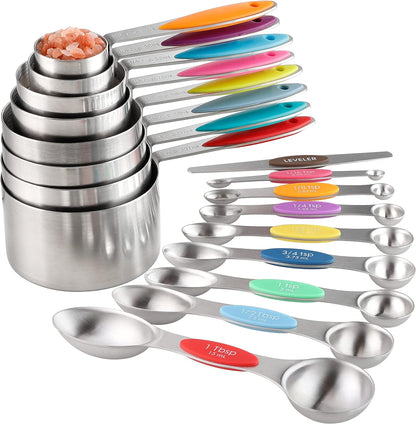 Measuring Cups and Spoons Set Stainless Steel Includes 8 Heavy Duty Measuring Cups 8 Double Sided Magnetic Measuring Spoons and 1 Leveler for Dry and Liquid Ingredients
