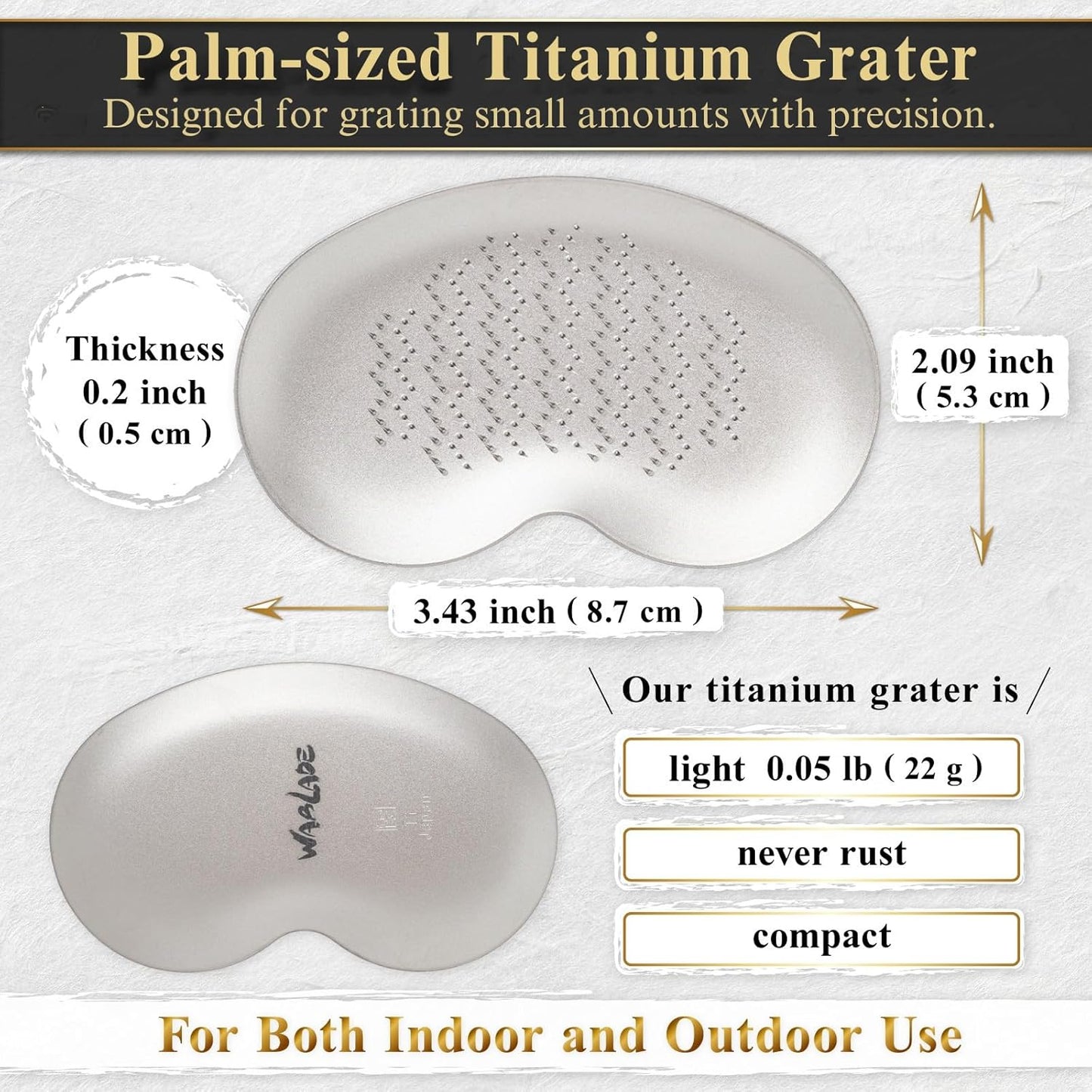Wablade Japanese Titanium Grater – Made in Japan, 3.4 Inches Fine Grating Plate for Garlic, Ginger & Wasabi, Compact Precision Kitchen Tool Designed for Everyday Food Preparation