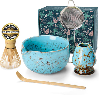 Matcha Whisk Set Ceramic Bowl Kit with Spout, Bamboo Chasen and Holder, Scoop Rest,Sifter Tea Towel Ceremonial Cute Matcha Tea Making Tool,Gift Perfect for Latte Lovers | Beginners,7pcs