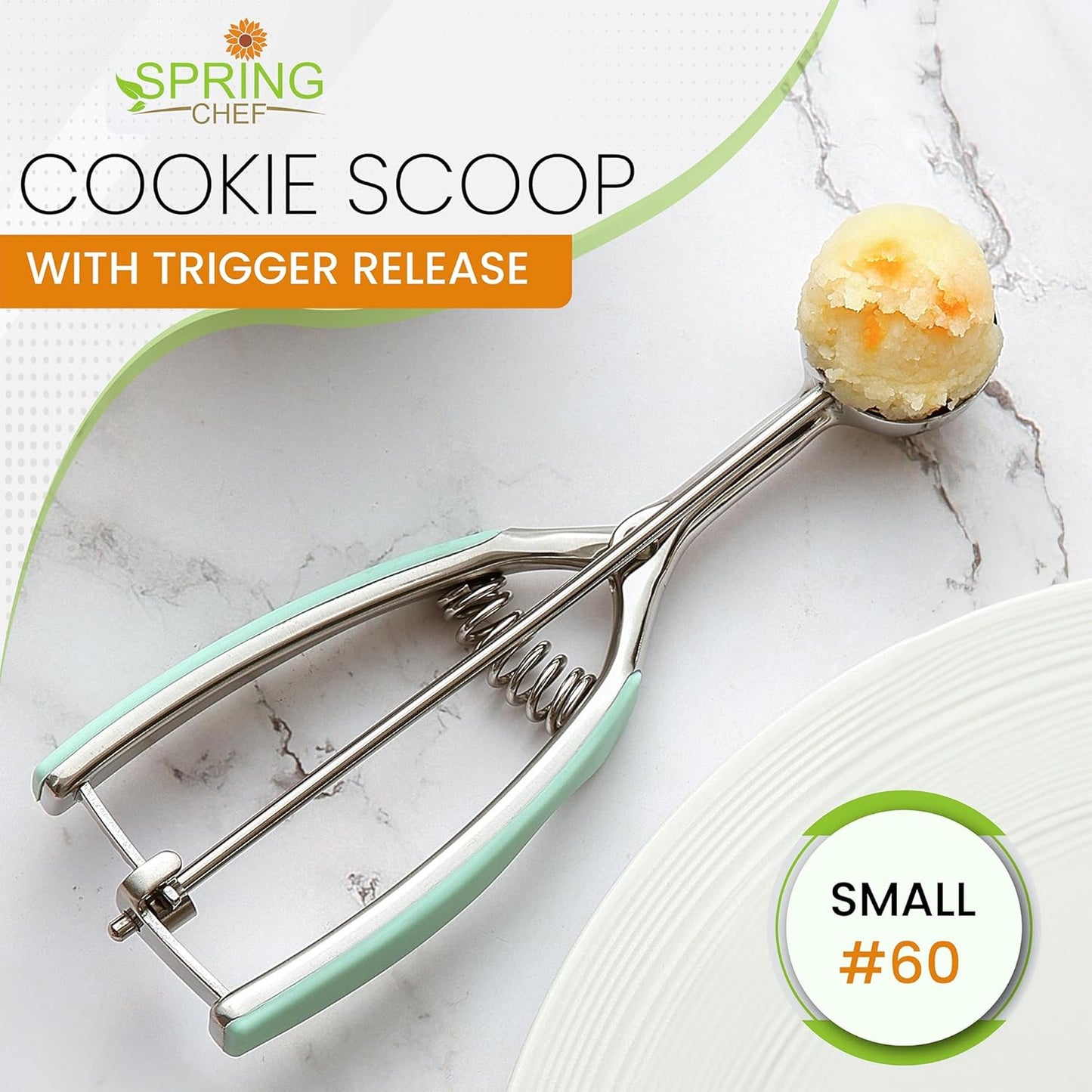 Spring Chef Large #20 Stainless Steel Cookie Scoop for Baking - Melon Baller - Multifunctional 2.93 Tbsp Cookie Scooper with Trigger Release for Ice Cream, Meatball, Cupcake, Muffin - Mint