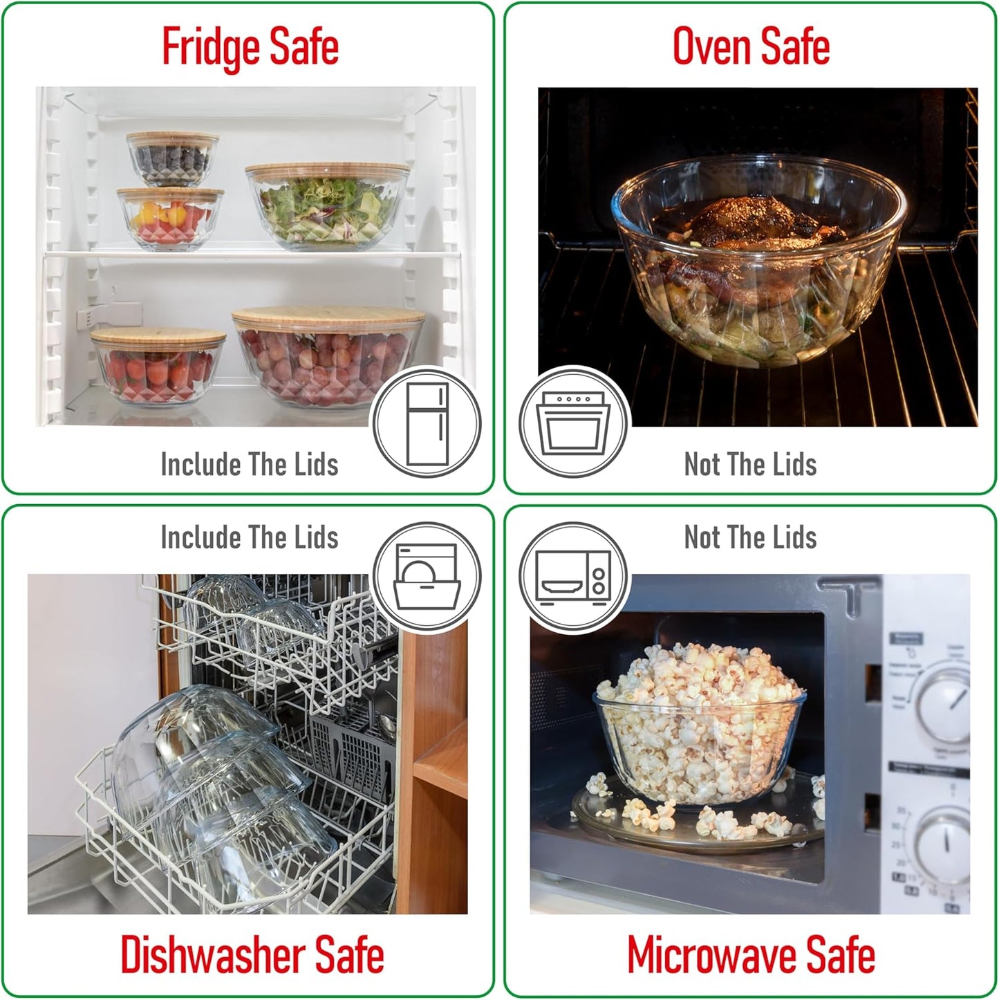 Set of 5 Nesting Glass Bowls with New Updated Acacia Lids for Foodprep, Storage, Mixing & Cooking - Microwave & Oven-ready BPA Free Durable Heat Resistant Inert Borosilicate Glass