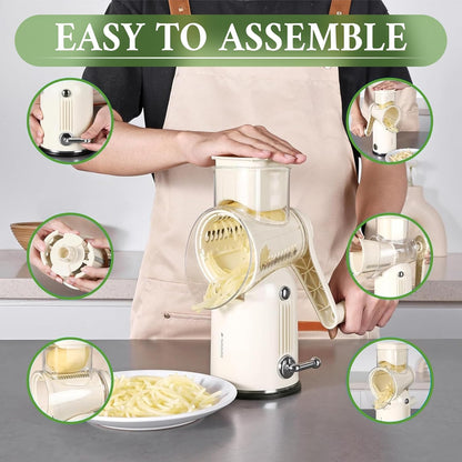 Rotary Cheese Grater with Handle – Multi-Purpose Vegetable Shredder with 5 Interchangeable Blades, Strong Suction Base & Storage Box – Round Mandoline Slicer and Food Chopper for Kitchen