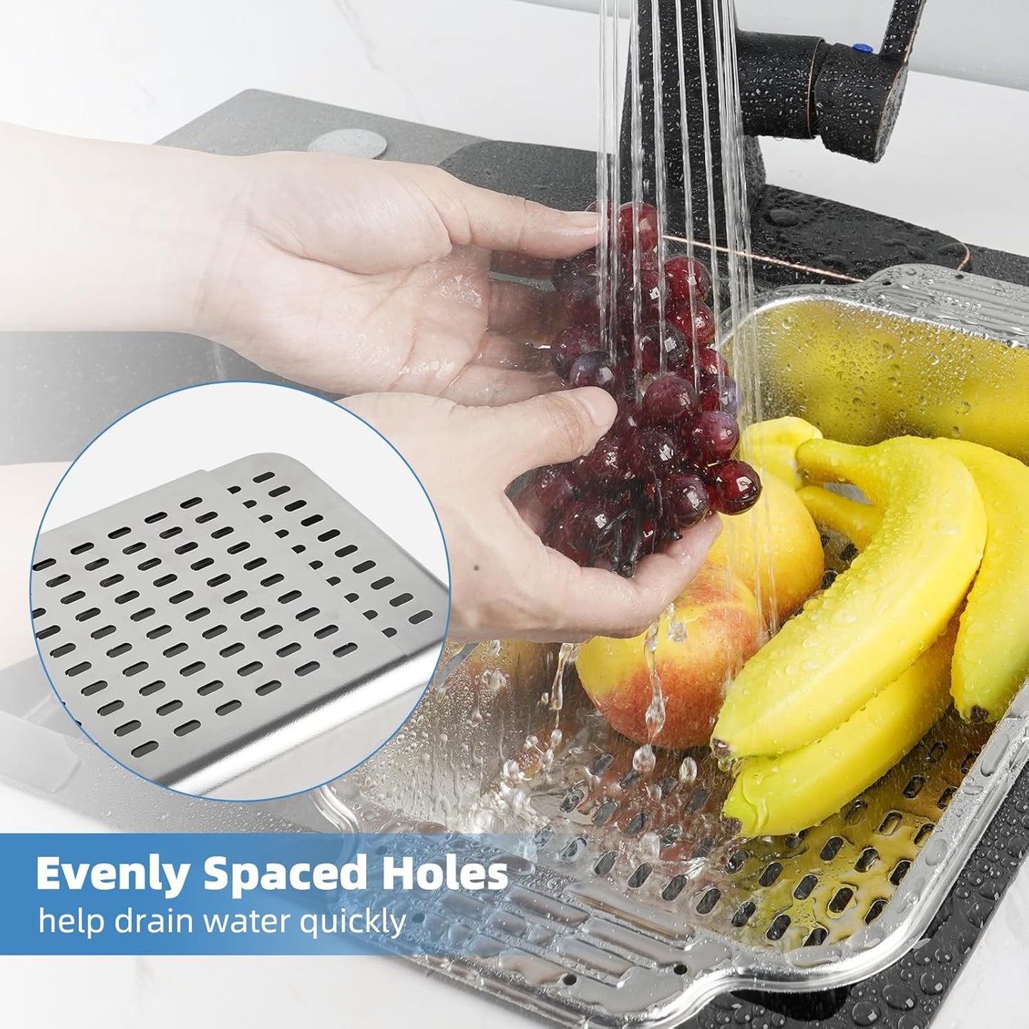 Over the Sink Colander Strainer Basket - ALL METAL Extendable Drain Colander for Wash Vegetables and Fruits Dry Dishes, 6 Quart Large Size, New Home Kitchen Essentials