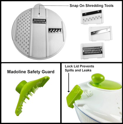 HUJI Salad Spinner and Mandoline Multifunctional Set, Vegetable Dryer With 6 Blades and Pouring Spout - 4L (2PK)