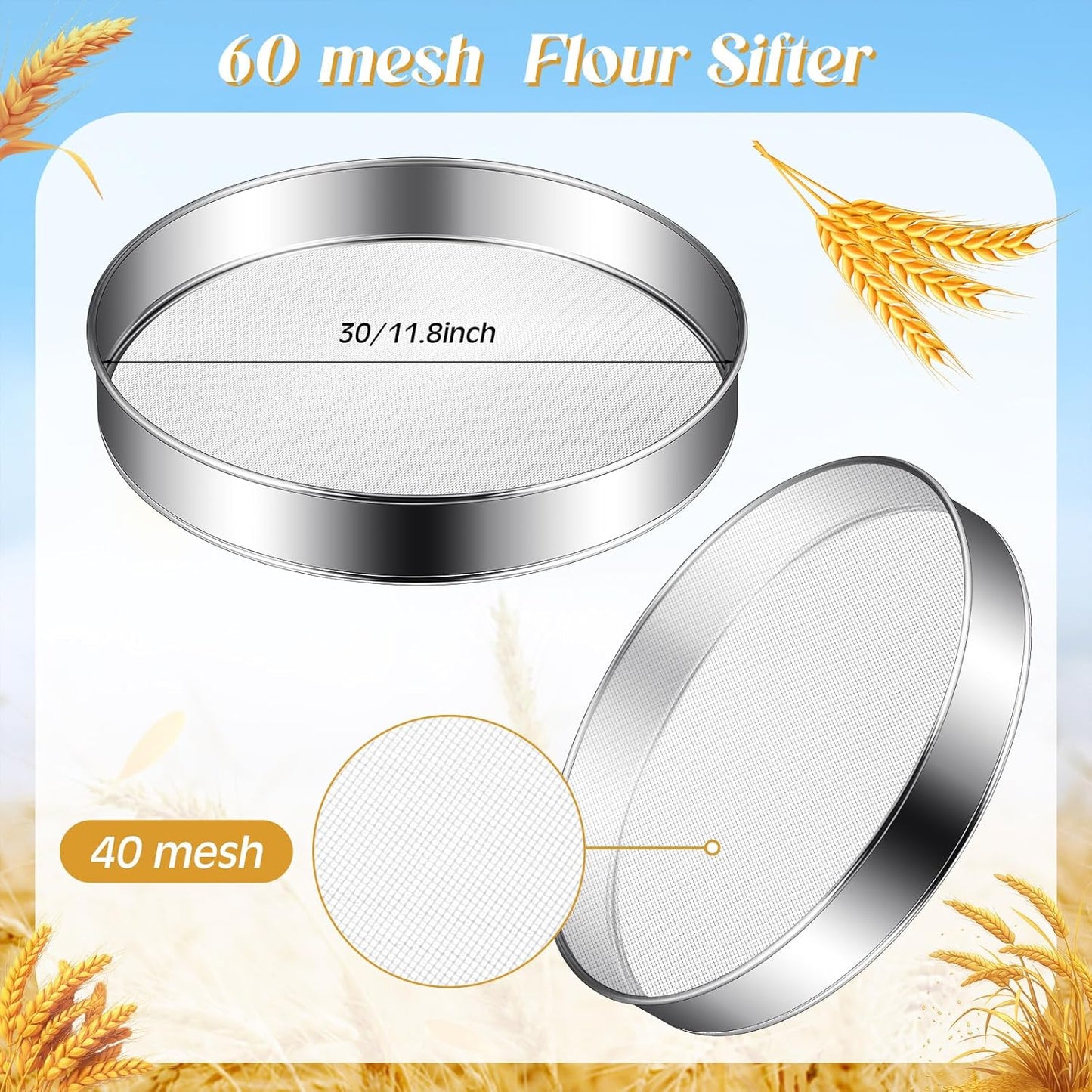 Patelai 1 Pc Stainless Steel Round Flour Sifter Sieve Fine Mesh for Bake Decorate Cakes, Pies, Pastries, Cupcakes (8 Inch 60 Mesh)