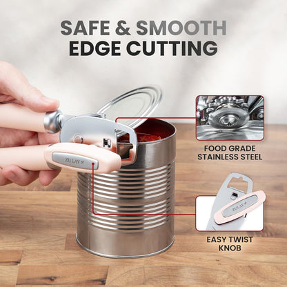 Zulay Kitchen Heavy Duty Stainless Steel Can Opener Manual with Bottle Opener - Rust Proof Manual Can Opener With Turn Knob & Comfy Soft Grip Handles - Black - Colors B