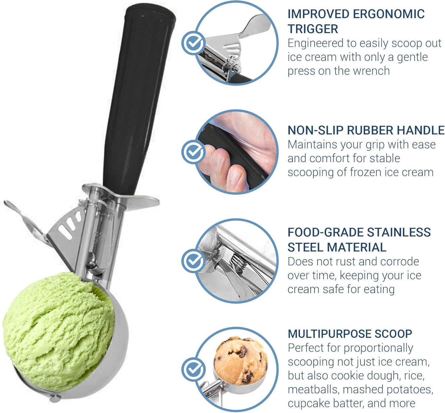 Meadow Lane Trigger Scoop - #24 Size (2-in Diameter) 2.7 Tbsp Capacity, Stainless Steel, Portion Control, Ice-cream & Cookie Dough Scoop, Black