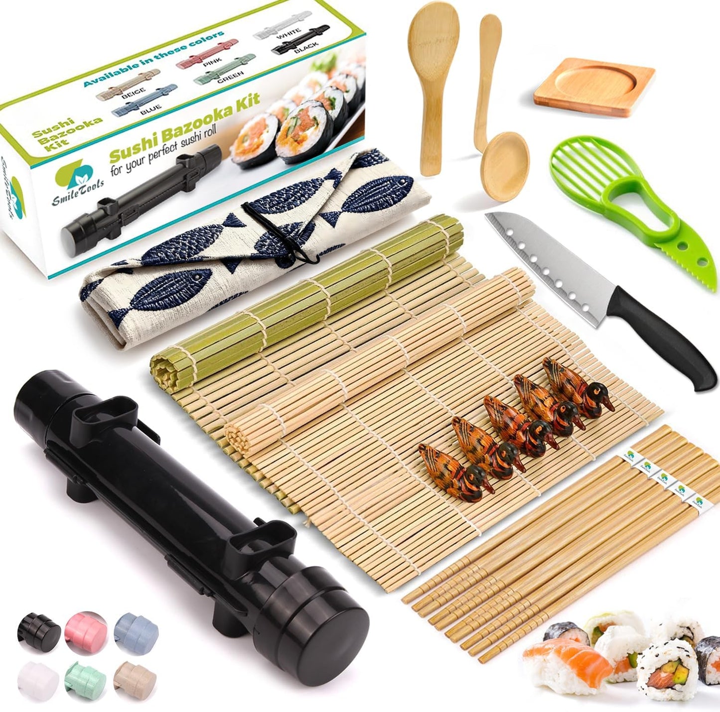 SmileTools Sushi Making Kit, 22pcs Roller Maker for Beginners With Guide Book, Bazooka, Knife, Mat, Avocado Slicer, Chopsticks, Sauce Dishes & More - Sushi Lover's Gift