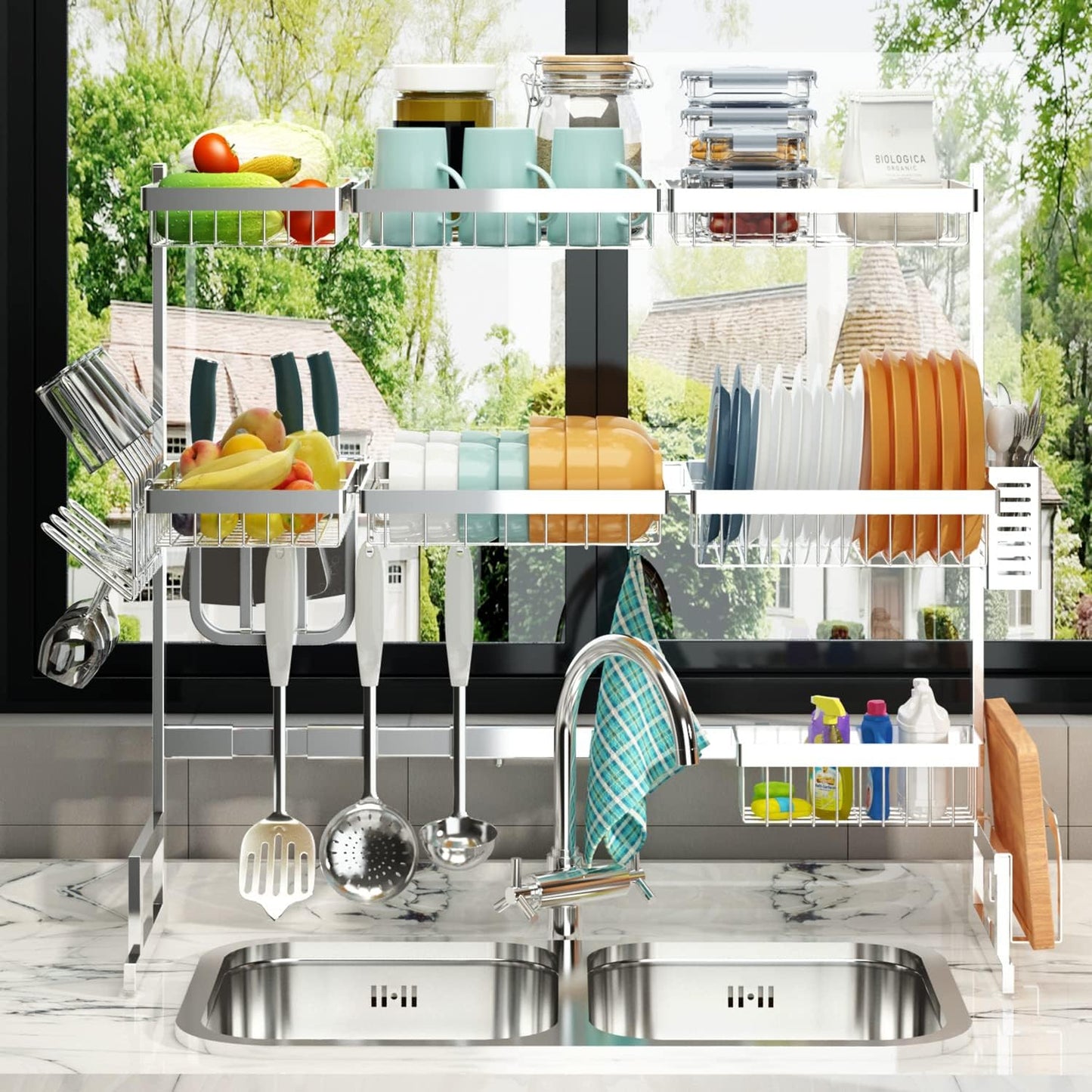 PUSDON Over the Sink Dish Drying Rack, 2 Tier Adjustable Large Capacity Stainless Steel Dish Rack for Kitchen Counter, Heavy Duty Space Saver Organizer with Utensil Holder, Black