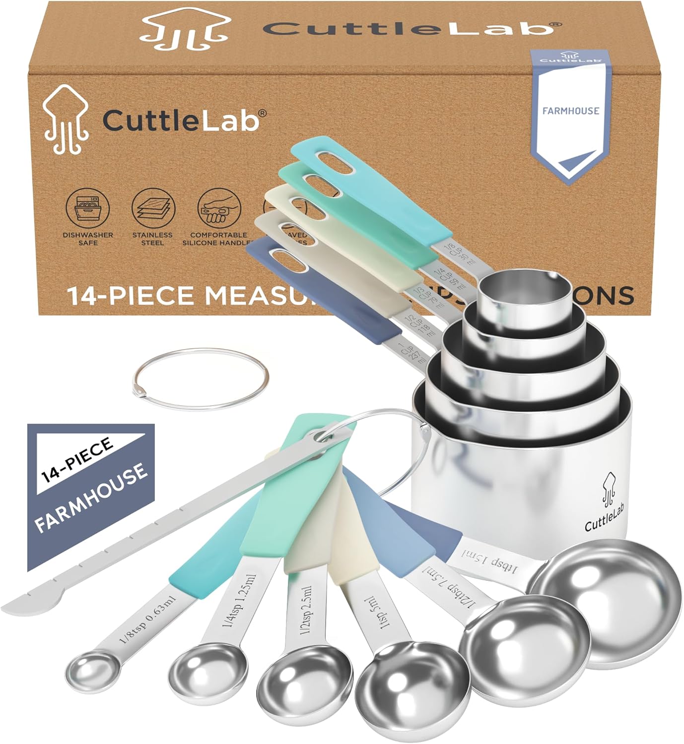 CuttleLab Measuring Cups and Measuring Spoons Set of 14 - Stainless Steel Measuring Cups and Spoons Set, Includes 1/8 Teaspoon Measuring Spoon, 1/8 Cup Measuring Cup, Leveler Dry (14, Country Chic)