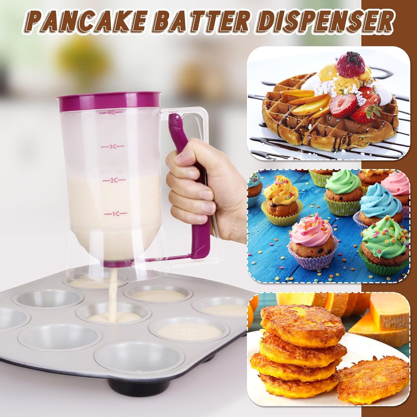 FillTouch 2 Pcs Cupcake Batter Dispenser Pancake Mix Dispenser 4 Cups with Squeeze Handle Tools for Pancake, Cupcake, Cookie, Cake, Waffles, Ice Cream Baking Gifts for Kitchen Housewarming (White)