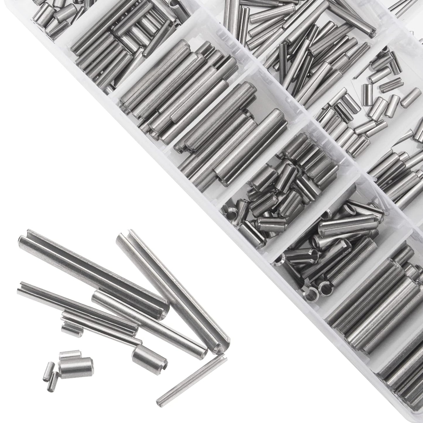 440Pcs 304 Stainless Steel Slotted Spring Pin Assortment Kit, M1.5 M2 M2.5 M3 M4 M5 Split Expansion Dowel Tension Roll Pins