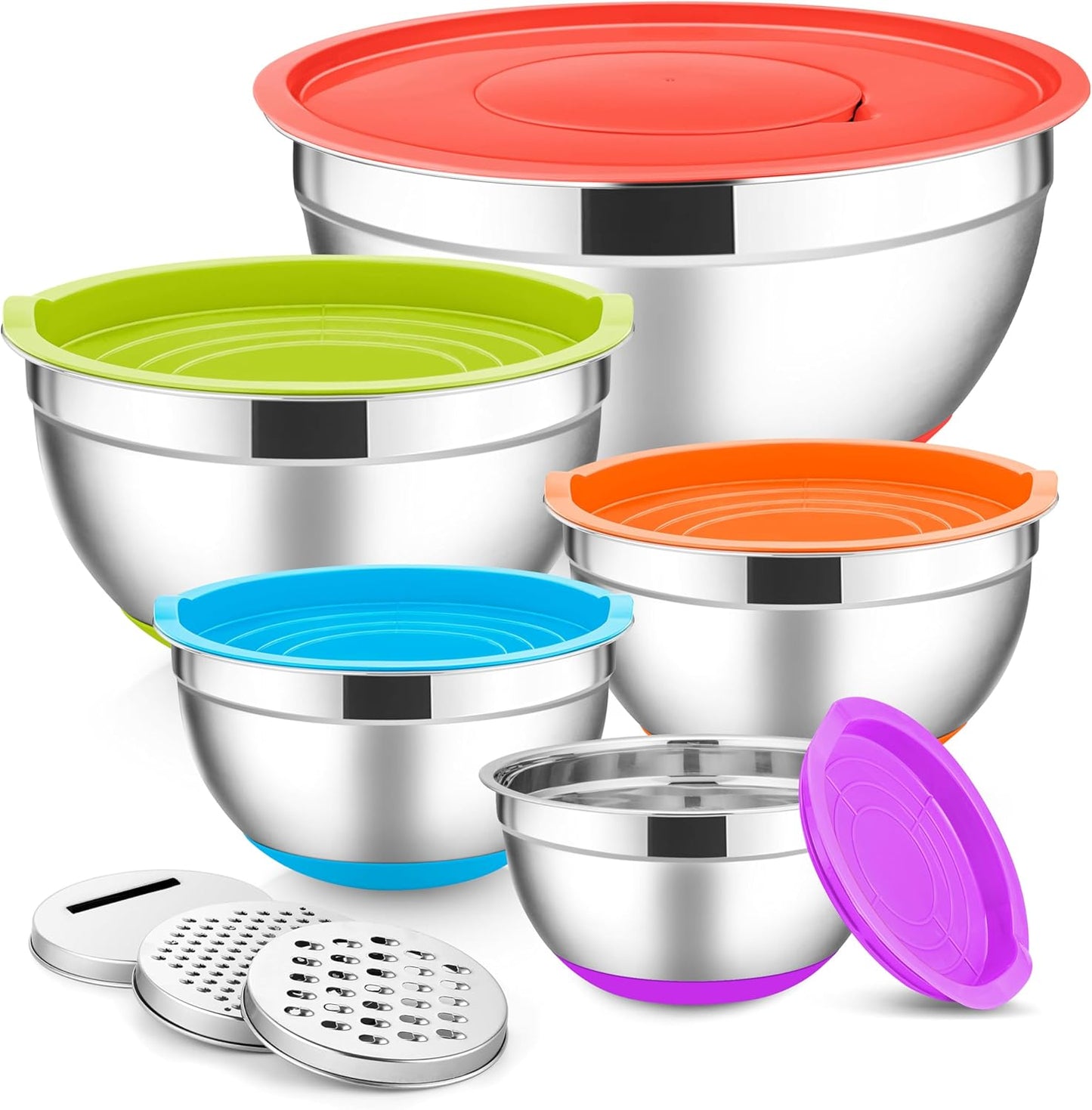 E-far Stainless Steel Mixing Bowls with Lids Set, 5-Piece Nesting Salad Bowls with 3 Grater Attachments and Non-Slip Bottoms, Size 4.6, 2.6, 2, 1.5, 1QT for Kitchen (Black)