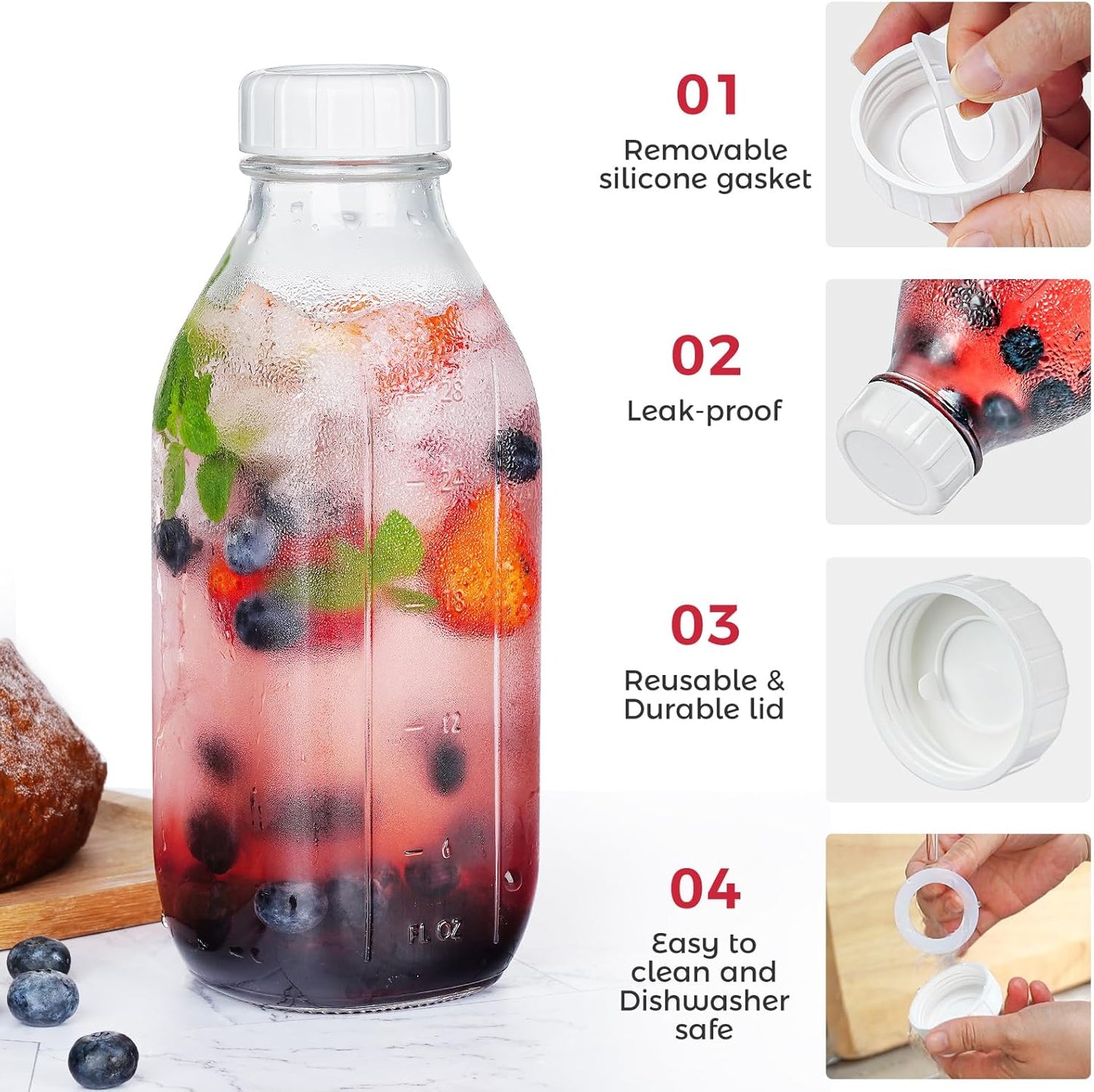 32 oz Reusable Glass Milk Bottles with Silicone Dispenser Cap, 2 Pack Glass Jars with Airtight Screw Lid, Leak Proof Juice Bottles with Scale Mark Breastmilk Storage Container for Fridge