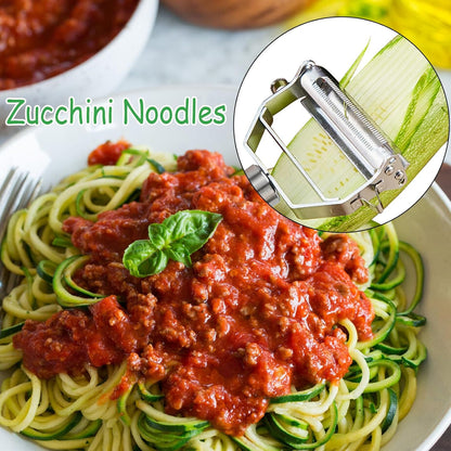 Vegetable Peeler Julienne Slicer 3 in 1 Kitchen Peeler Zucchini Salad Maker Ultra Sharp Potato Peelers Stainless Steel No-Rust Carrot Cutter Anti-Slip Handle Cucumber Slicer + Cleaning Brush