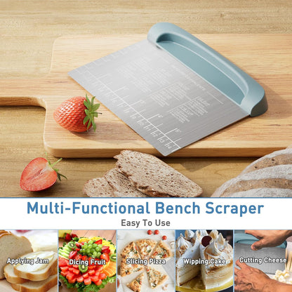 2 IN 1 Upgrade Bench Scraper, Dough Scraper for Pastry Bread Cake Pizza, Stainless Steel Dough Cutter with Conversion Chart & Measuring Scale, Bowl Scraper Food Scraper for Kitchen Baking, Gray
