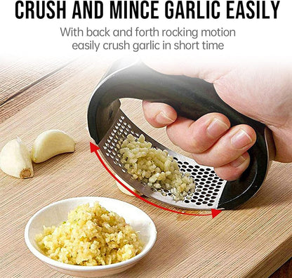 Garlic Press Rocker, Stainless Steel Garlic Mincer Crusher Professional Kitchen Gadgets Garlic Chopper with Ergonomic Handle, Silicone Garlic Peeler