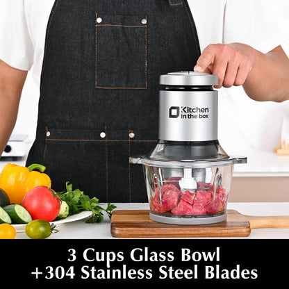 Kitchen in the box Food Processor, Electric Meat Grinder & Food Chopper with 400W Powerful Veggie Chopper-2 Bowls（8 Cup+8 Cup） & 2 Bi-Level Blades for Meat/Fish/Vegetable/Baby Food（Sliver Button）