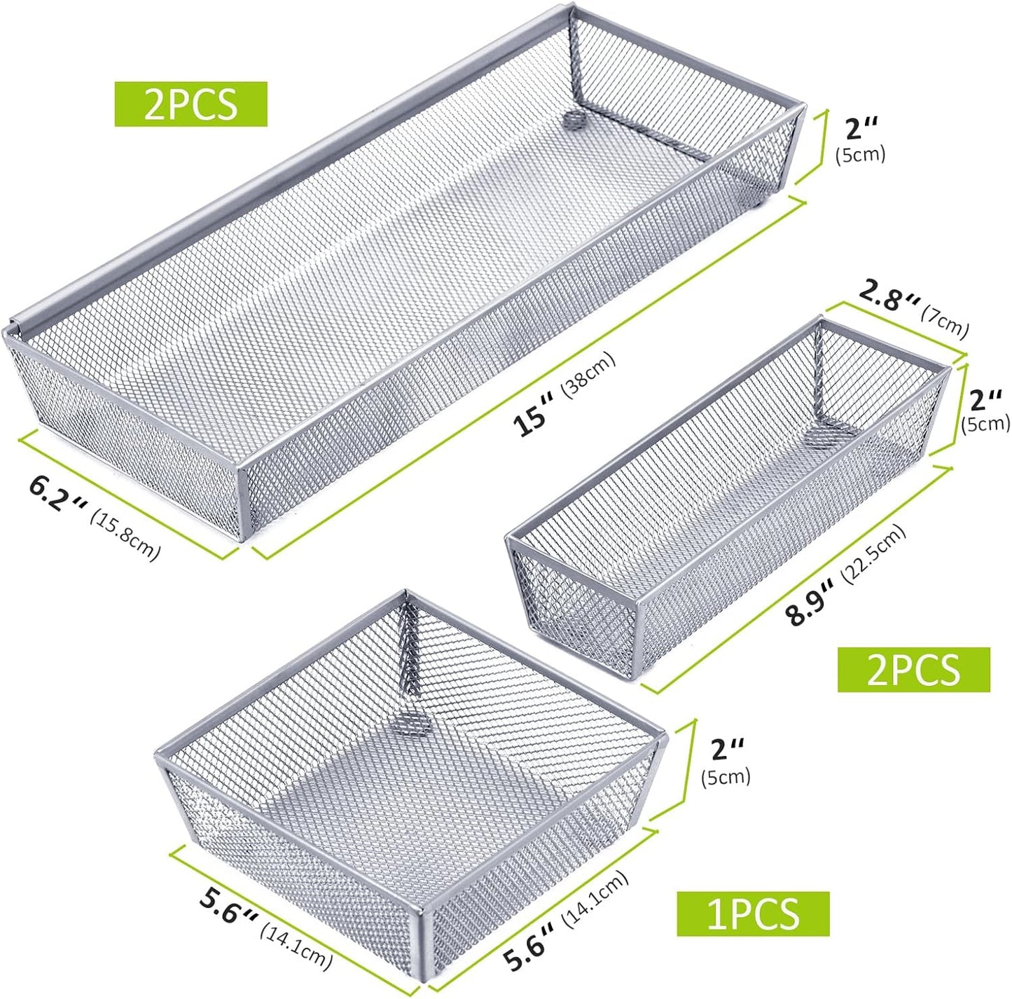 Neudeco Silverware Drawer Organizer - 5 Compartment Cutlery Tray with Non-Slip Feet, Mesh Wire Flatware Storage Divider for Kitchen, Bedroom, Living Room (Silver)