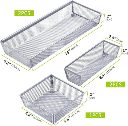 Neudeco Silverware Drawer Organizer - 5 Compartment Cutlery Tray with Non-Slip Feet, Mesh Wire Flatware Storage Divider for Kitchen, Bedroom, Living Room (Silver)