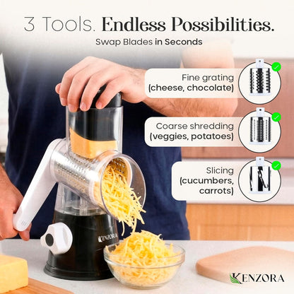 KENZORA Rotary Cheese Grater Hand Crank & Vegetable Chopper - 3-in-1 Manual Cheese Shredder with Handle - Fast Meal Prep Mandoline Slicer - Strong Suction Base & Safe Kitchen Gadgets, Black