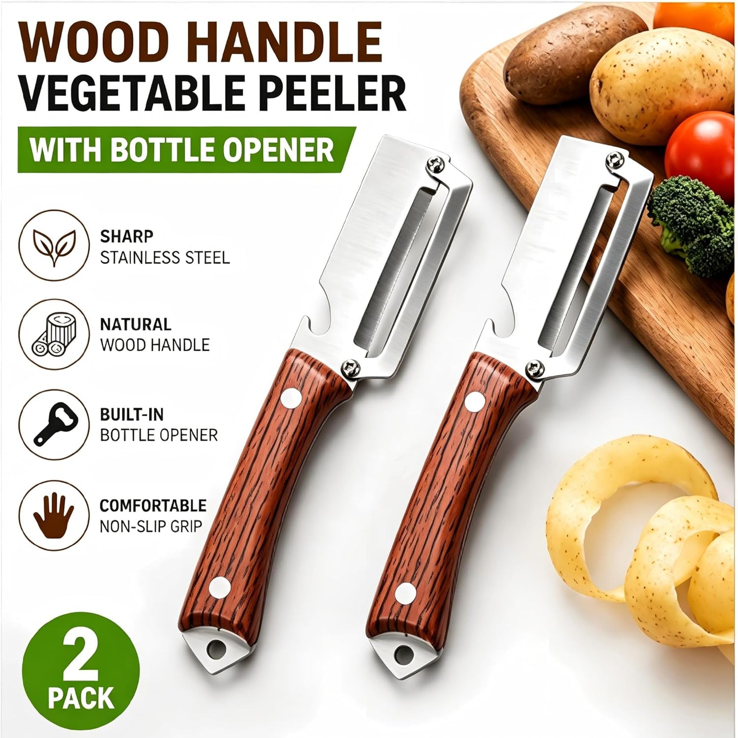 2026 New Upgrade Multifunctional Stainless Steel Vegetable Peeler with Built-In Bottle Opener Kitchen Gadget for Peeling Potato, Carrot, Pumpkin, and Fruit (2pcs)
