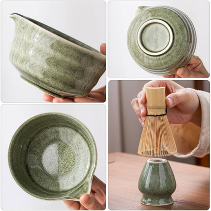 Buucup Matcha Set, Matcha Bowl with Spout, Matcha Whisk and Holder, Bamboo matcha Scoop and Stainless Sifter - 5 Pcs Jade Green Matcha Set Kit for Matcha Lover