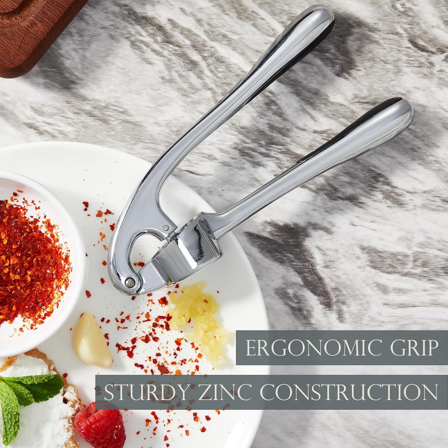 Kitessensu High Effective Garlic Press With Studs, Heavy Duty Garlic Mincer, Easy to Squeeze and Clean, Rust Proof, Ginger Crusher- Imperial Silver