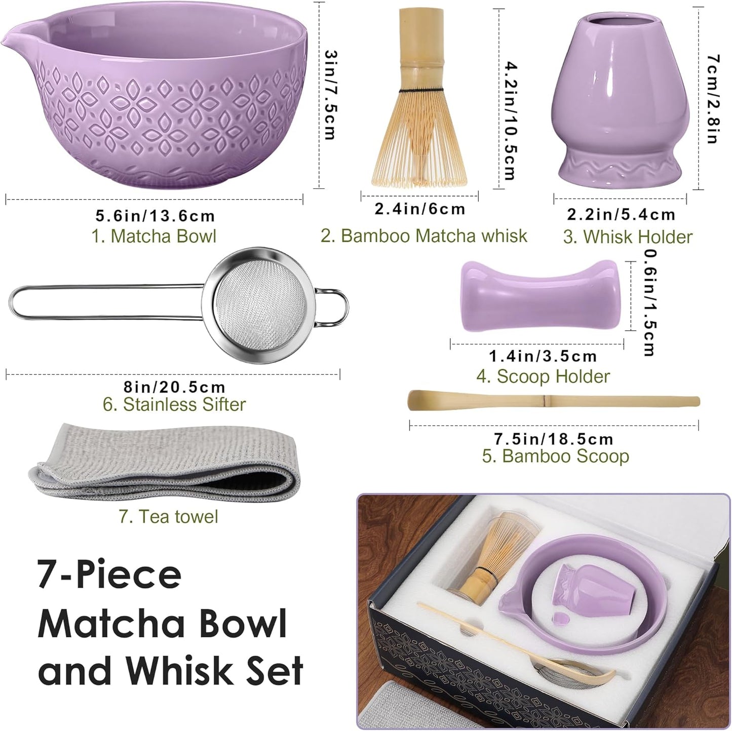 Matcha Whisk Set Matcha Kit - 7 Pcs Japanese Tea Set Includes Matcha Bowl with Spout,Bamboo Whisk with Ceramic Holder,Bamboo Scoop and Rest,Sifter,Tea Towel, for Ceremony Matcha Lovers Gift,Green
