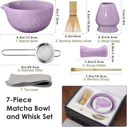 Matcha Whisk Set Matcha Kit - 7 Pcs Japanese Tea Set Includes Matcha Bowl with Spout,Bamboo Whisk with Ceramic Holder,Bamboo Scoop and Rest,Sifter,Tea Towel, for Ceremony Matcha Lovers Gift,Green
