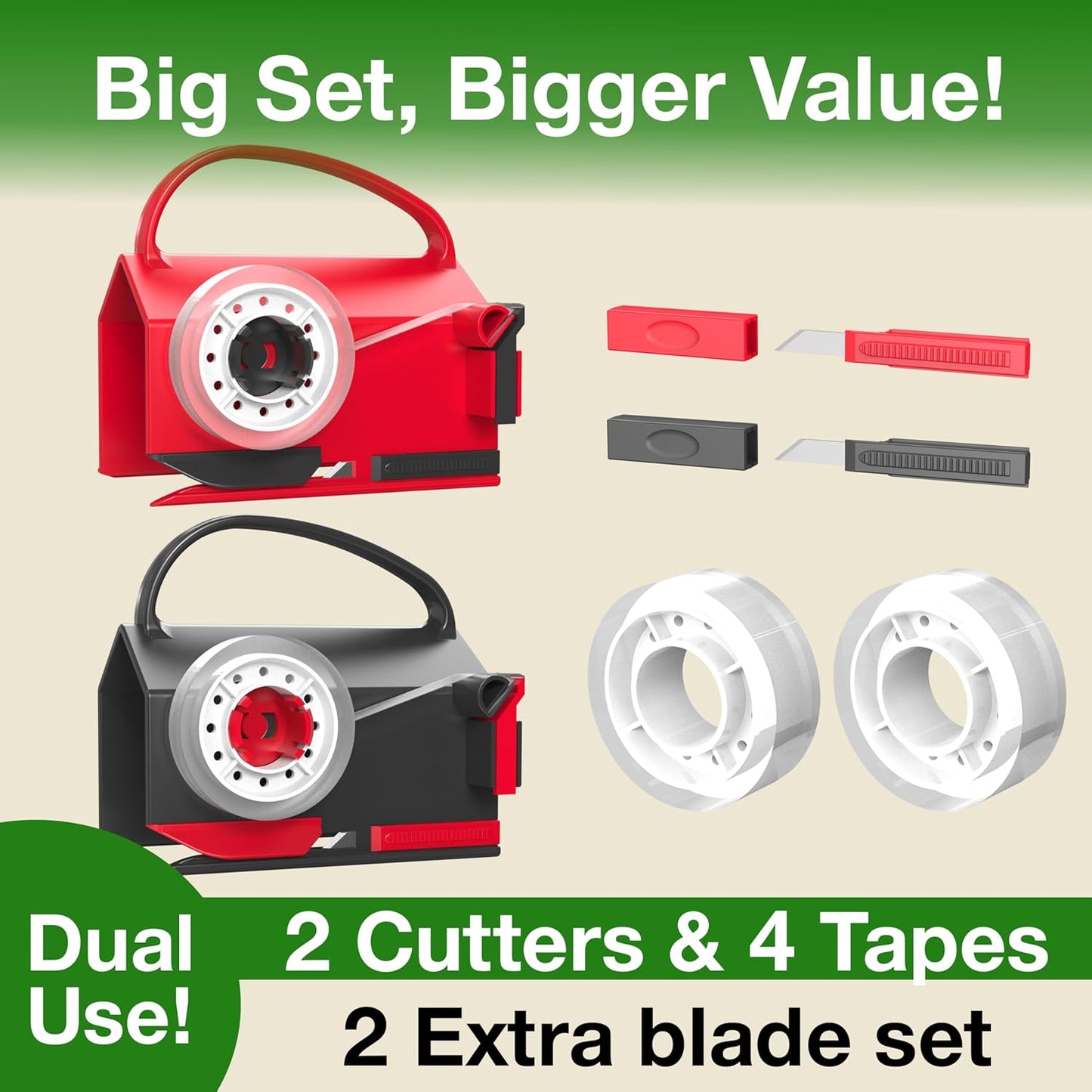 Wraprocut (2-Pack) Wrapping Paper Cutter & Tape Dispenser Dual Use with 4 Tapes，2 Replace Blades Kit for Christmas Gift Wrap Cutter Tool Paper Roll Holder Tube Sliding Slicing for Birthday Holiday.