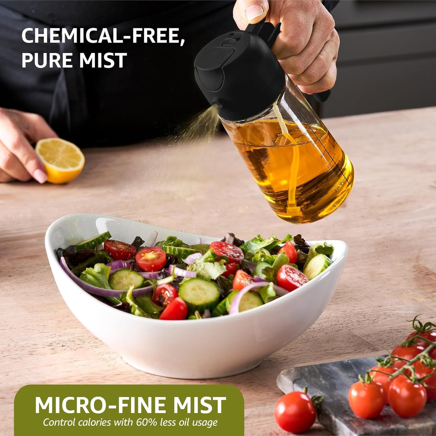 FineDine 16oz Olive Oil Sprayer for Cooking, 2 in 1 Olive Oil Dispenser Bottle for Kitchen, Air Fryer, Salad, BBQ & Baking – Dual Spray Mist & Stream, with Measurement Marks, Black
