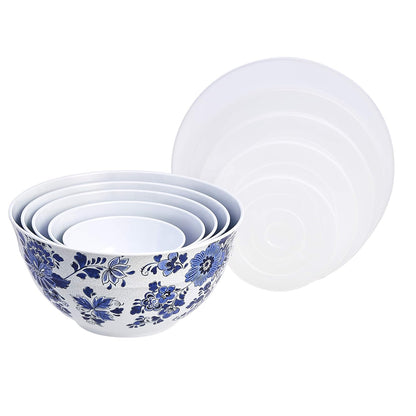 Amazon Basics Mixing Bowls with Lids, Nesting Melamine Serving Bowls, Non-Slip Base, BPA Free, Dishwasher Safe, 5 Sizes, Hydrangea Floral, Set of 10