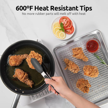 600ºF Heat Resistant Kitchen Tongs: U-Taste 9 inch Silicone Cooking Tong with Firm Sealed Non Stick Rubber Tips & Silicon Coated 18/8 Stainless Steel Handle & Smooth Locking for Serving Salad (Black)
