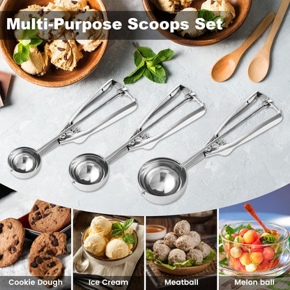 Cookie Scoop,Set of 3 Cookie Dough Scoops for Baking 1 Tbsp,2 Tbsp,3 Tbsp,Stainless Steel Ice Cream Scooper with Trigger Release for Cupcake,Ice Cream,Muffin,Meatball,Melonball
