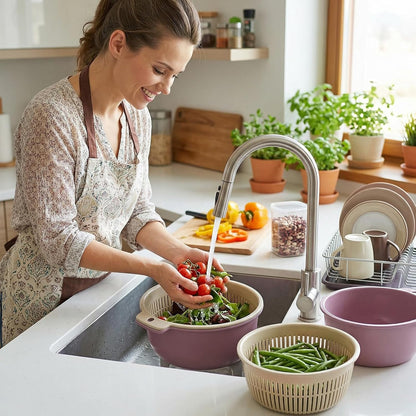 2 in 1 Colander Bowl Set, Detachable Strainer and Serving Bowl Kitchen Fruit Vegetable Washing Drainer for Home Meal Prep and Salad Making (Small 14x7x16cm)