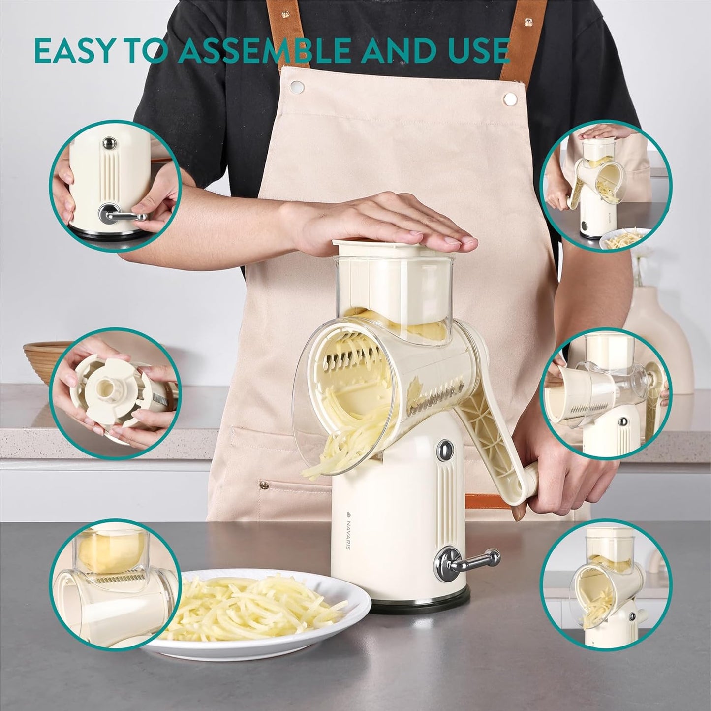 Navaris Rotary Cheese Grater with 5 Blades - Vegetable Shredder, Strong Suction Base, Mandoline Slicer for Fruit, Nuts, Dishwasher Safe, with Storage Box, Easy to Clean, Cream