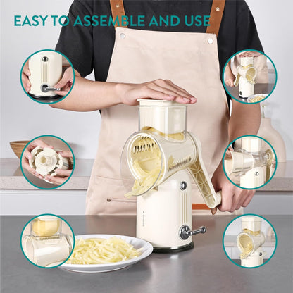 Navaris Rotary Cheese Grater with 5 Blades - Vegetable Shredder, Strong Suction Base, Mandoline Slicer for Fruit, Nuts, Dishwasher Safe, with Storage Box, Easy to Clean, Cream