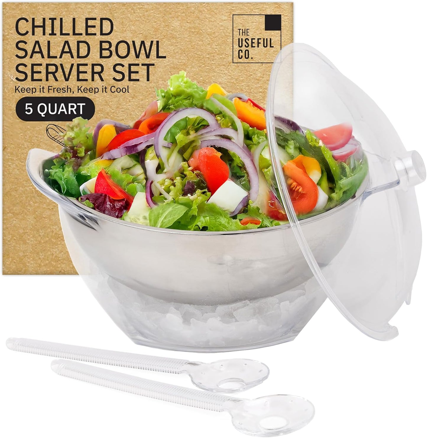 Useful Co. 5QT Salad Bowl Set on Ice, Large Salad Bowl with Lid & 2 Servers, Chilled Tray for Cold Food, Party Buffet, Platterbox with Ice, Chilled Serving, Cold Food Buffet Server