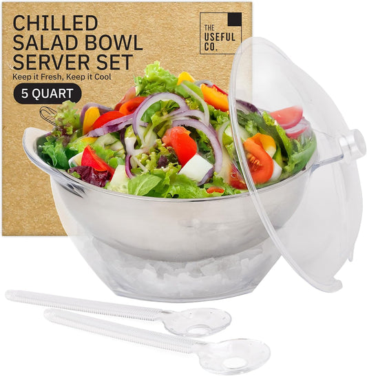 Useful Co. 5QT Salad Bowl Set on Ice, Large Salad Bowl with Lid & 2 Servers, Chilled Tray for Cold Food, Party Buffet, Platterbox with Ice, Chilled Serving, Cold Food Buffet Server