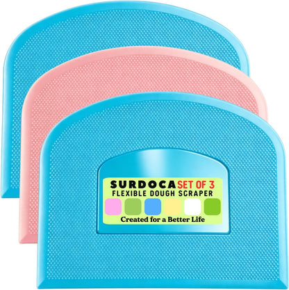 SURDOCA Dough Scraper Bench Scraper - 3P 4.7x3.7" Plastic Flexible Bowl Scraper, Sharp Edge & Angles Cake Scraper. Non-Slip Bakeware Decorating Tools Sculpting & Modeling Tools - Green+White+Green - Colors A