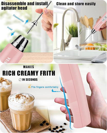 YUSWKO Black Handheld Milk Frother Wand for Coffee, Rechargeable Electric Whisk with 3 Heads 3 Speeds Drink Mixer Coffee Frother For Latte, Cappuccino, Hot Chocolate, Egg