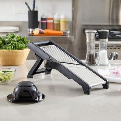 Restaurantware Stainless Steel Adjustable Mandoline Slicer - German Standard Vegetable Slicer with Blade Guard, Cut-Resistant Gloves, Cleaning Brush - Food Slicer for Potato, Onions, Cucumbers, Tomato