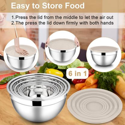 E-far Mixing Bowls with Lids, 6-Piece Stainless Steel Salad Bowls Metal Nesting Bowls for Baking Cooking and Prepping, Airtight Lids & Stackable Design, Size 4.5, 3, 1.5 QT (Black)